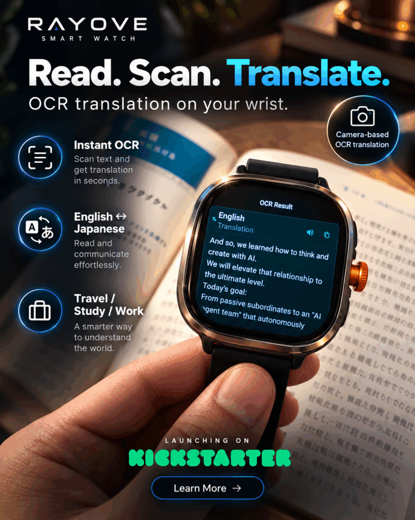 Rayove Watch translating a page of printed text with its built-in camera