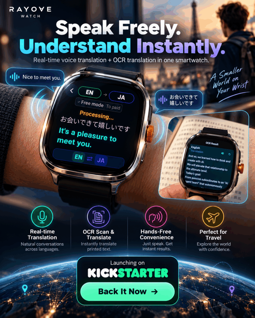 Rayove Watch showing a real-time English–Japanese voice translation on the wrist