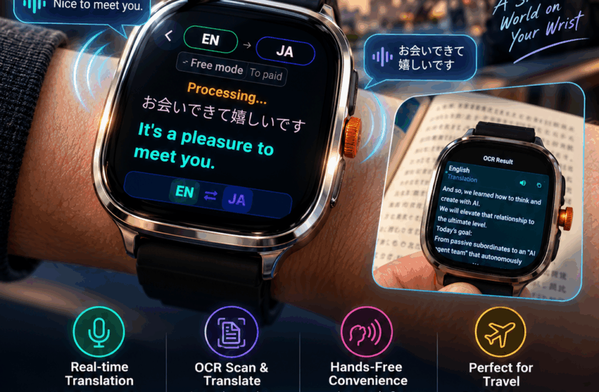 Rayove Watch showing a real-time English–Japanese voice translation on the wrist