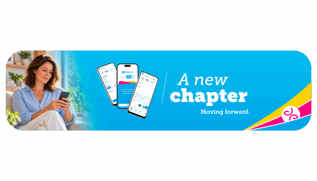 Diabeloop ‘A new chapter – Moving forward’ banner showing a woman using her smartphone beside three phone screens of the DBLG2 app
