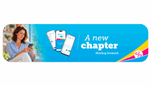 Diabeloop ‘A new chapter – Moving forward’ banner showing a woman using her smartphone beside three phone screens of the DBLG2 app