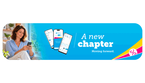 Diabeloop ‘A new chapter – Moving forward’ banner showing a woman using her smartphone beside three phone screens of the DBLG2 app
