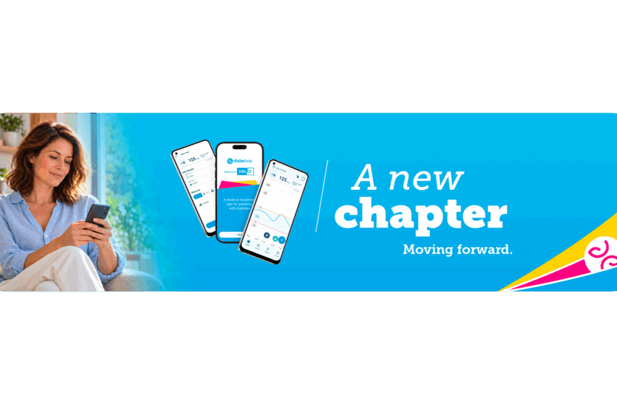 Diabeloop ‘A new chapter – Moving forward’ banner showing a woman using her smartphone beside three phone screens of the DBLG2 app