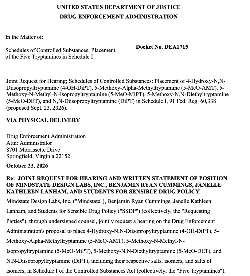 Joint request for hearing filed with the DEA by MindState Design Labs, Benjamin Ryan Cummings, Janelle Kathleen Lanham and Students for Sensible Drug Policy
